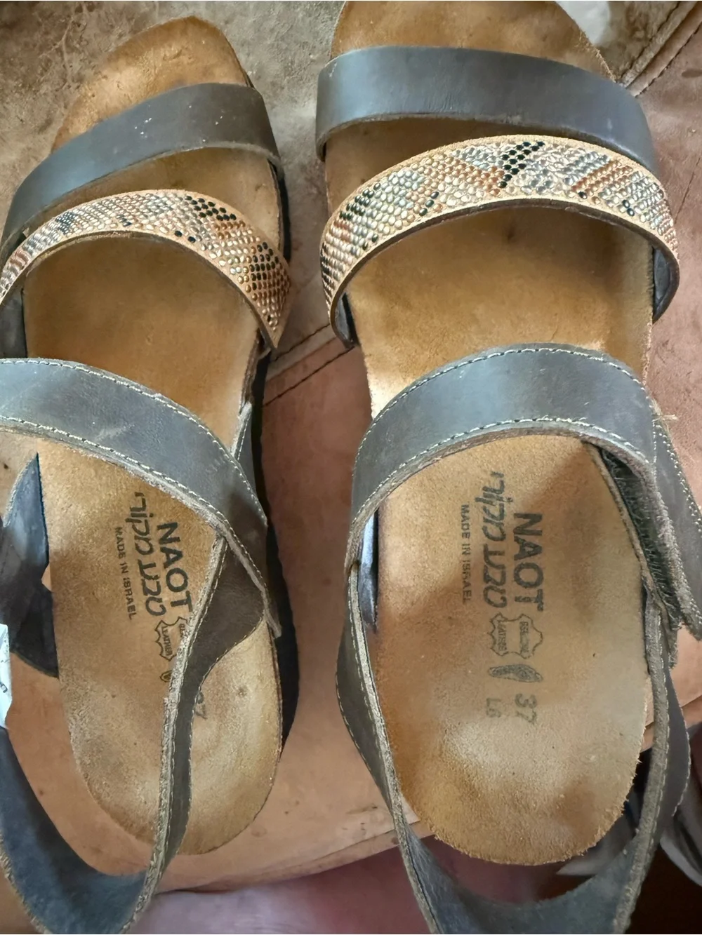 Naot Women’s brown  Leather Sandal with Metallic Snake-Print Strap